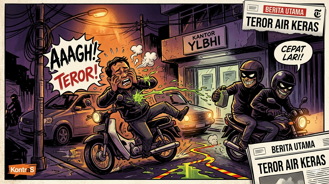 Gambar Ilustrasi kejadian penyiraman air keras terhadap Andrie Yunus di depan Kantor YLBHI